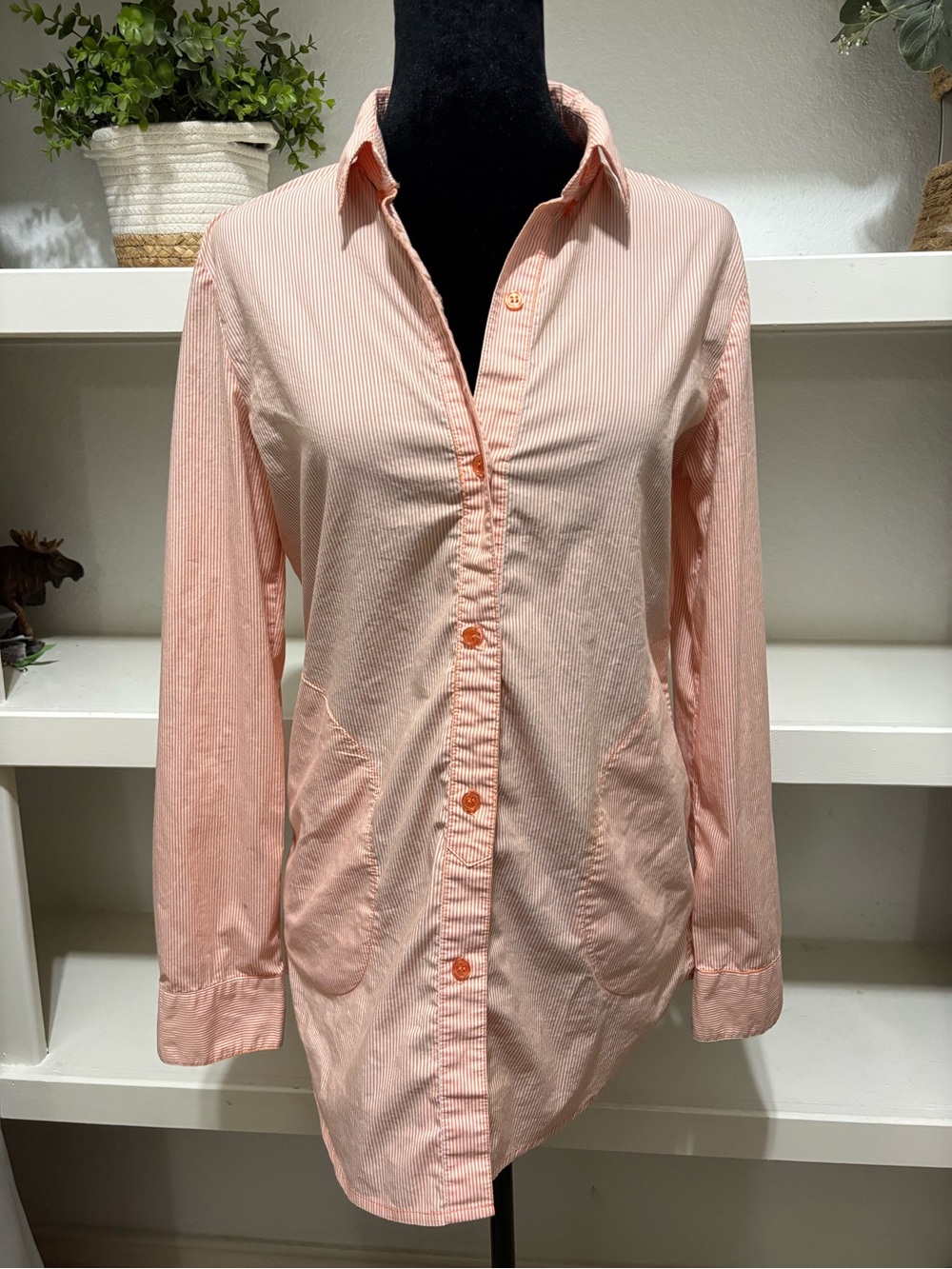 New York & Company Soft Pink Striped Button-Down Tunic